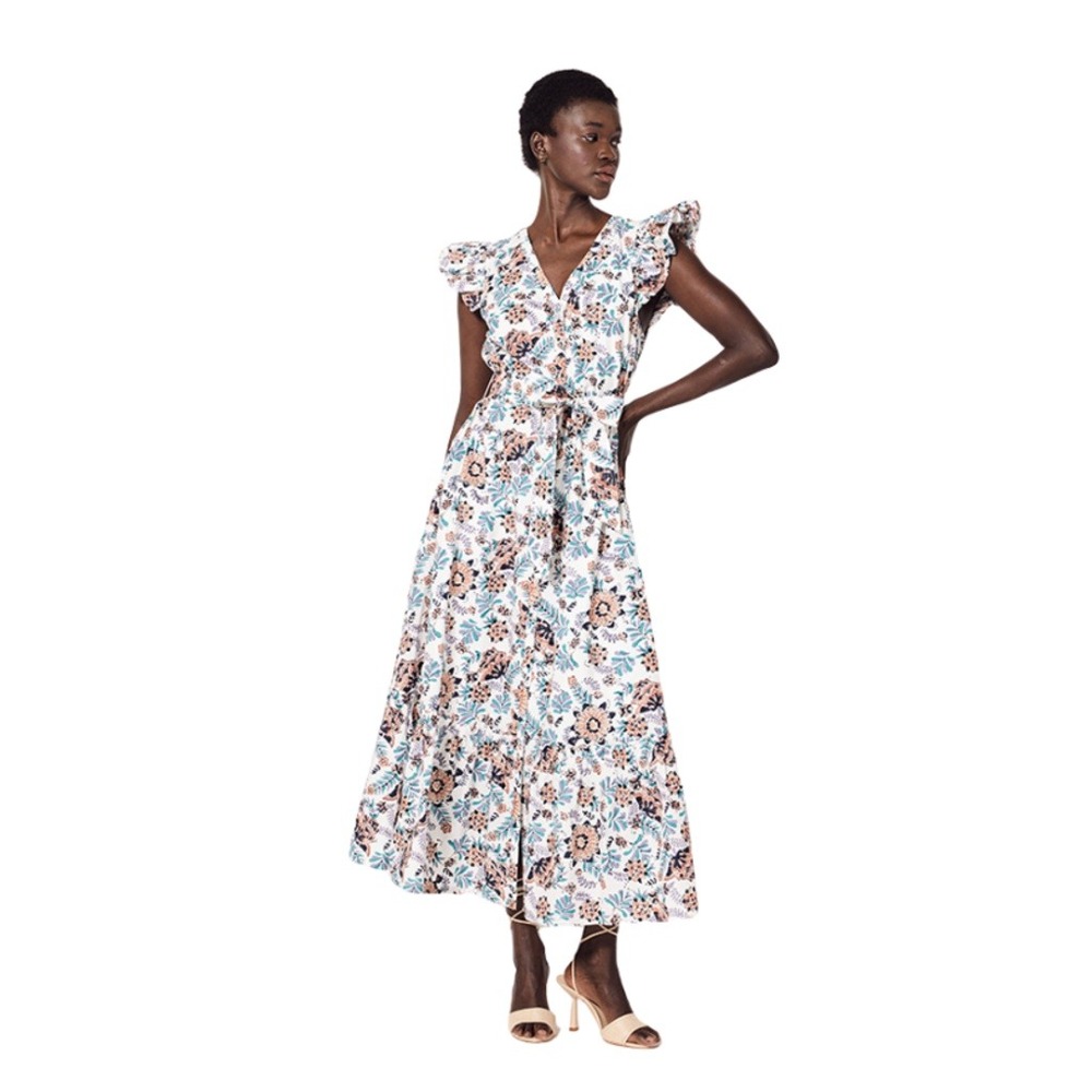 Cleobella Noricel Floral Flutter Sleeve Organic Cotton Tiered Maxi Dress White M
